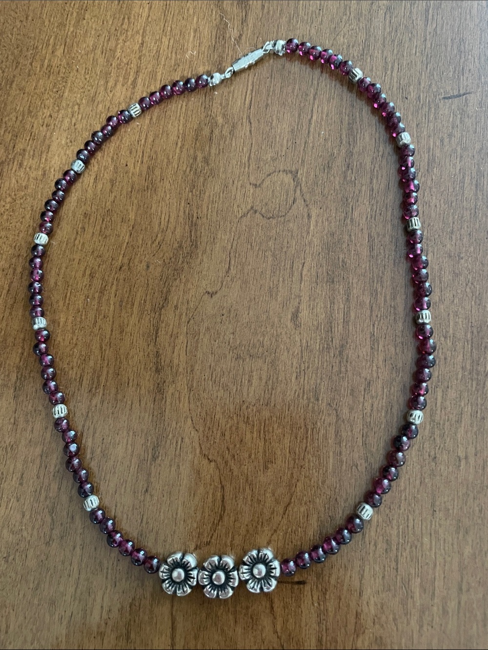 Garnet Bead Necklace Accented with Silver Beads and Flowers